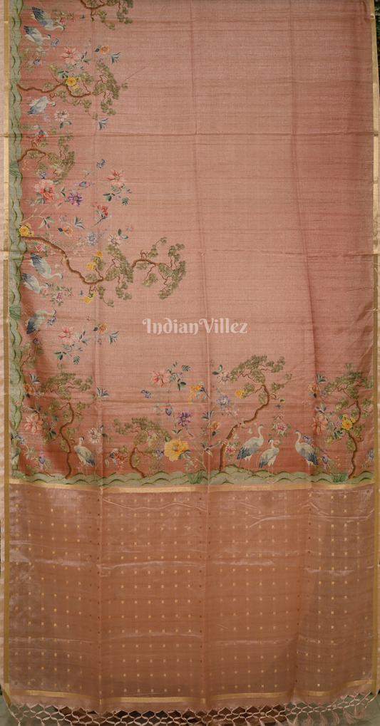 Peach Golden Tusasr Silk Saree with Floral Embroidery Work