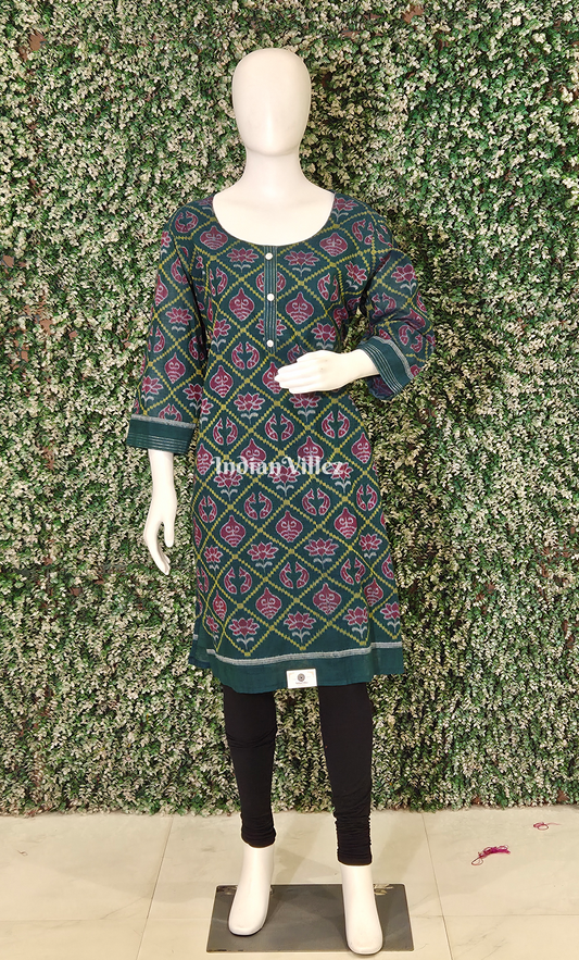 Green Black Diagonally NabakothiOdisha Ikat Designer Cotton Kurti for Women