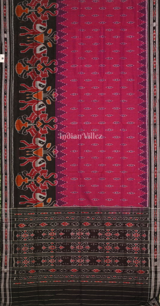 Rani Pink Black Elephant Scott Odisha Ikat Sambalpuri Cotton Saree
