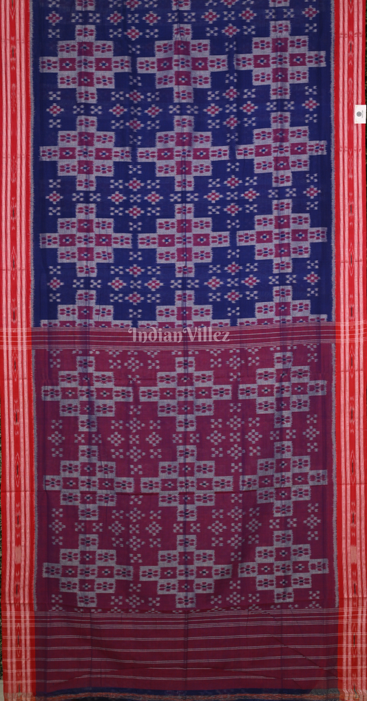 Blue Maroon Pasapali 5D Odisha Ikat Sambalpuri Cotton Saree