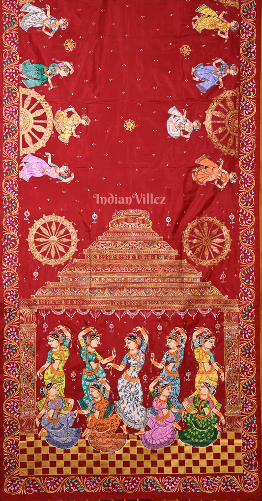 Red Mustard Yellow Nartaki Konark Temple Hand-Painted Pattachitra Saree