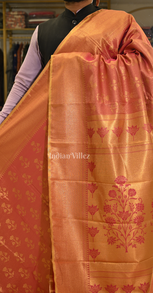 Exclusive Peach Pink Floral Pure Kanjivaram Tissue Silk Saree