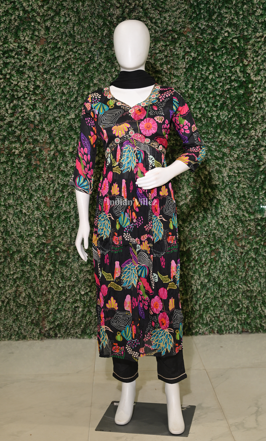 Black Floral Embroidered Alia Cut Kurta Plazzoo with Dupatta set