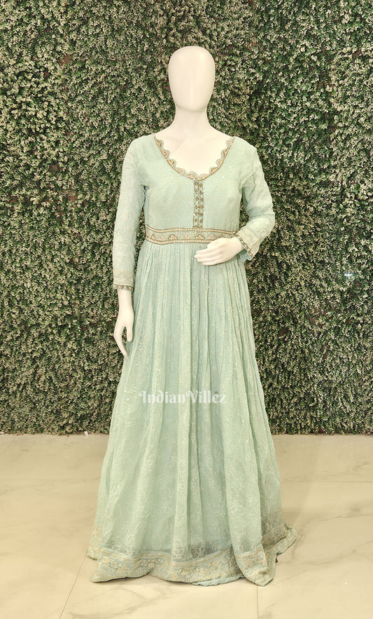 Designer Sea Green Georgette Gown with Embroidery