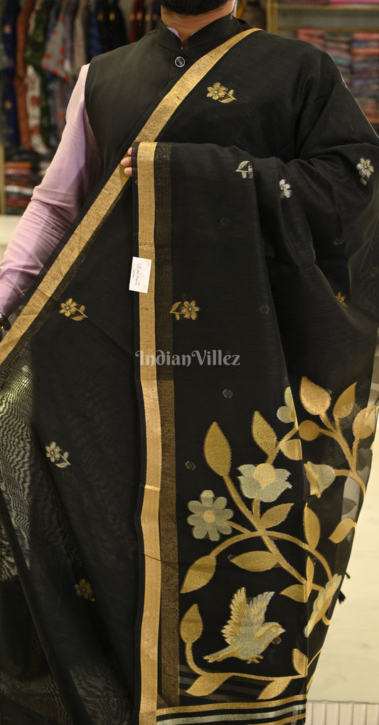 Black Linen Cotton Saree with Gold Zari Floral Pallu