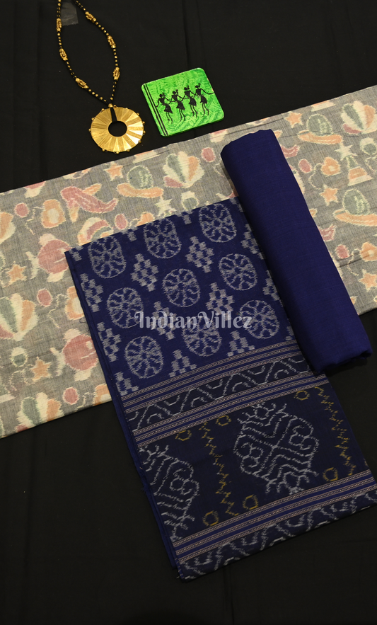 Grey Blue Odisha Ikat Sambalpuri Dress Set & Dupatta