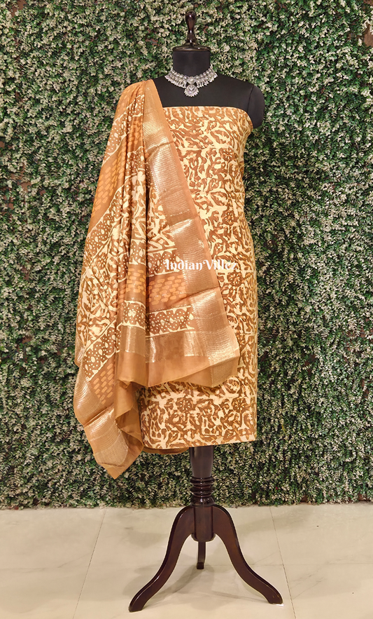 Mustard Yellow Cream Dabu Block Printed Crepe Suit Sets