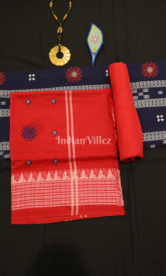 Blue Red Flower Pasapali Odisha Ikat Sambalpuri Cotton Dress set with Dupatta