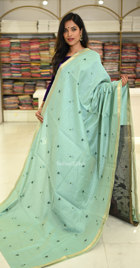 Aqua Blue Linen Cotton Pichwai Saree with Zari Border