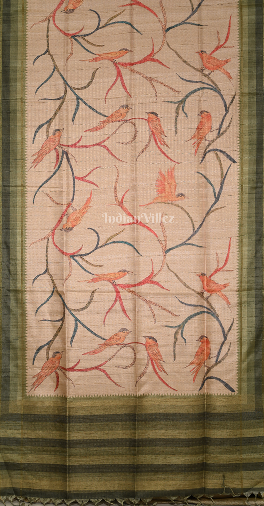 Sandal Green Bird Motif Tussar Silk Saree