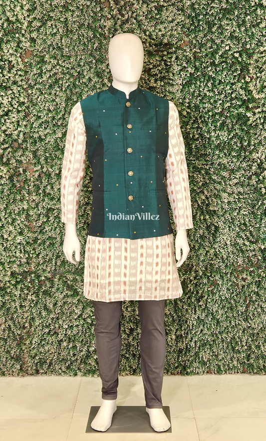 Teal Green Buti Design Odisha Ikat Half Bandi Jacket for Men