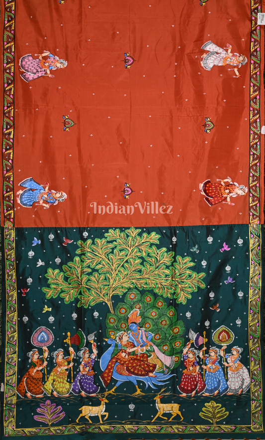 Orange Green (Mayur) & Nartaki Theme Hand-Painted Pattachitra Saree