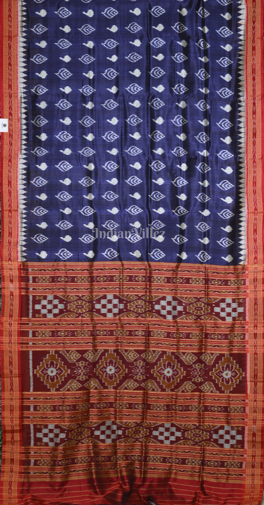 Navy Blue Maroon Sankha Motif Odisha Ikat Khandua Silk Saree