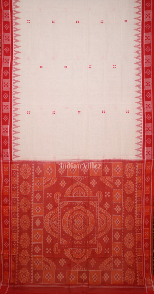 White Red Buti Design Odisha Ikat Sambalpuri Cotton Saree