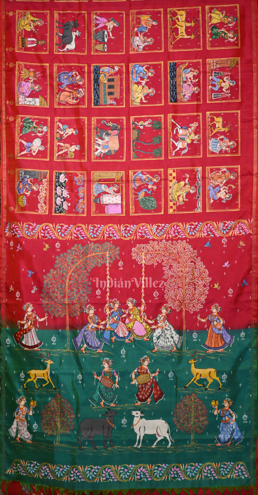 Red Green Raja Doli Village Theme Hand- Painted Pattachitra Saree