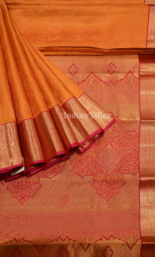Orange Rani Pink Floral Brocade Pure Kanjivaram Silk Saree