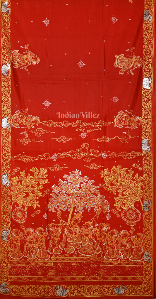 Red Radha Krishna Raas Leela Hand-Painted Pattachitra Saree