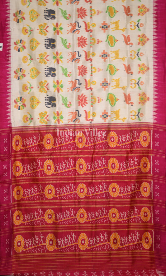 White Pink Nabarangi Odisha Ikat Contemporary Designer Silk Saree