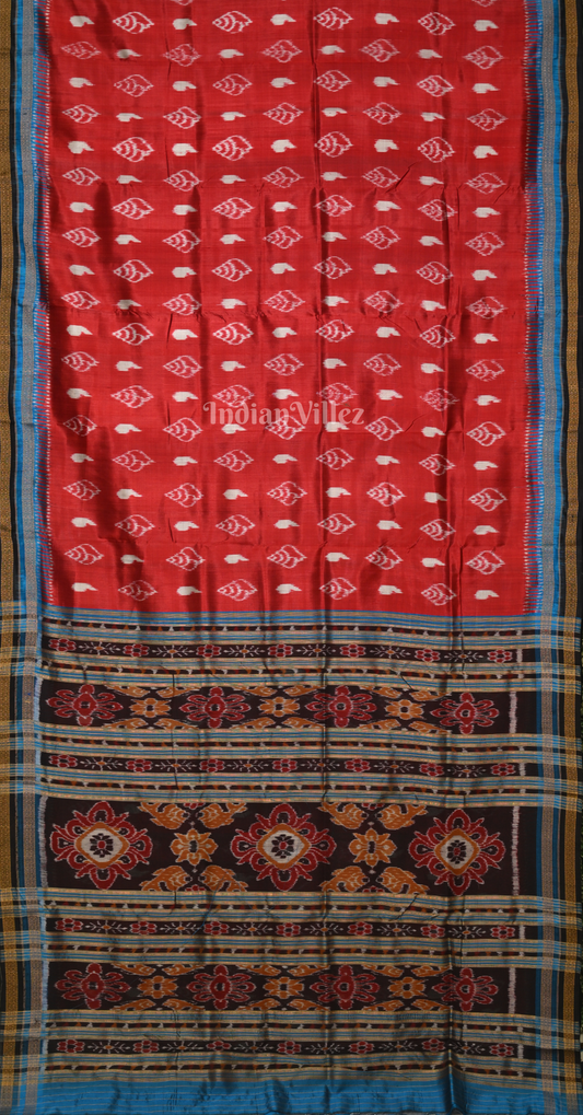 Red Blue Sankha Motif Odisha Ikat Khandua Silk Saree
