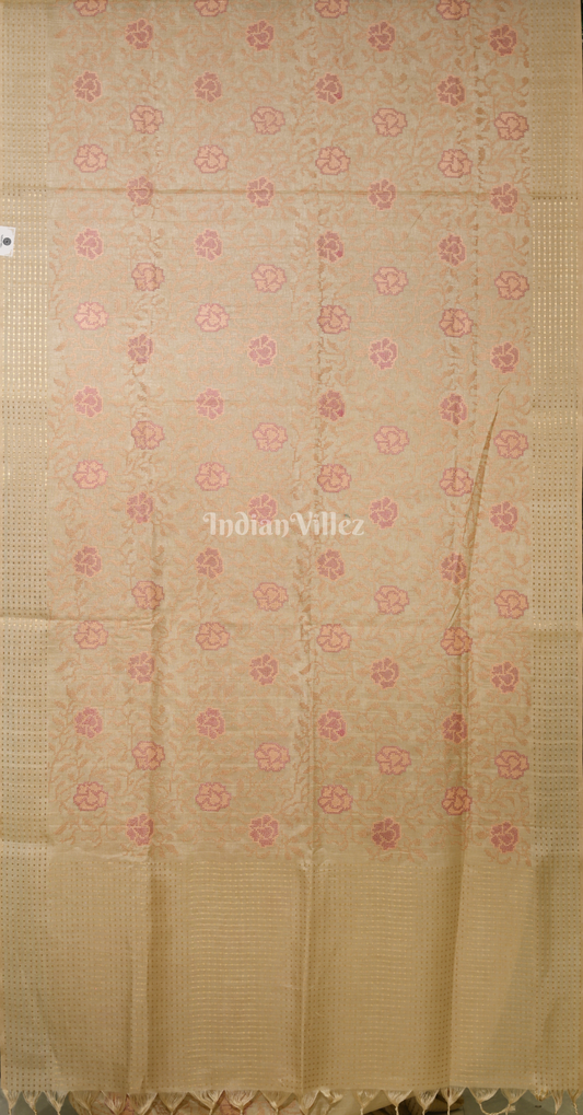 Beige Tussar Silk Saree with Floral Embroidery Work
