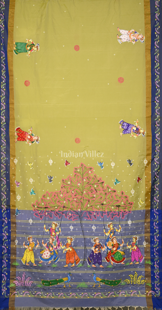 Lemon Green Raja Doli Theme Hand-Painted Pattachitra Saree