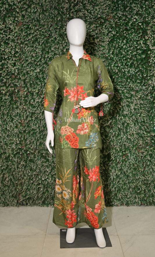 Designer Mehendi Green Floral Printed Kurta & Pant Set-(Co-Ords Set)