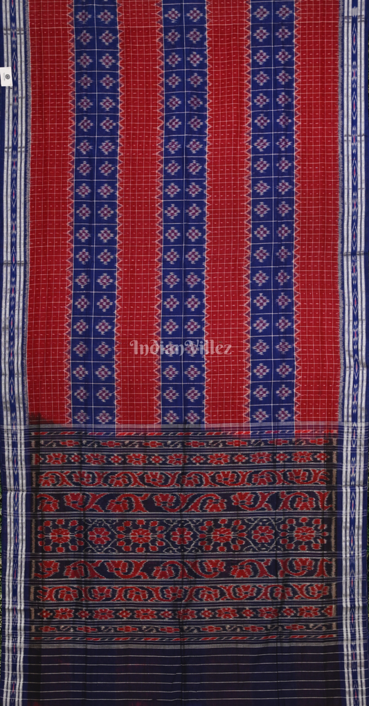 Red Checks Blue Middle Pasapali Odisha Ikat Sambalpuri Cotton Saree