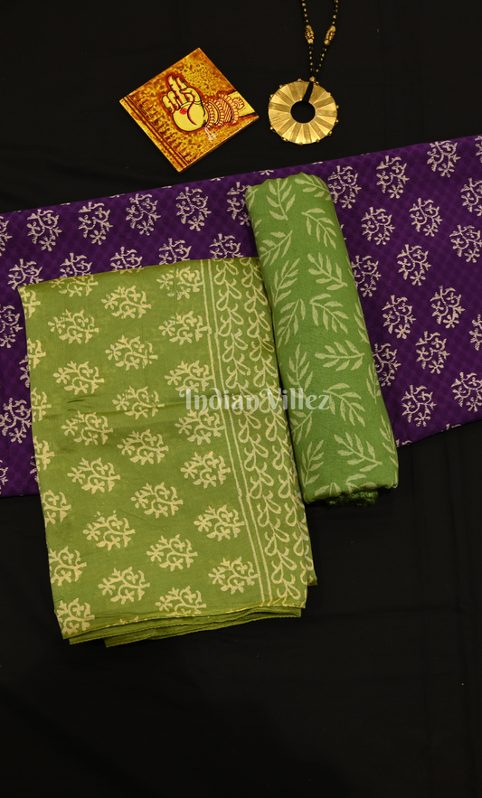 Purple Green Block Printed Cotton Suit Sets