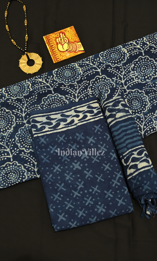 Navy Blue Dabu Block Printed Cotton Suit Sets