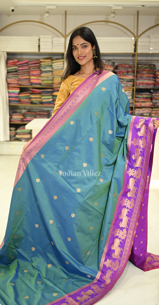 Blue Purple Pichwai Satin Silk Banarasi Saree