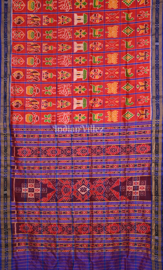 Red Blue Nabakothi Odisha Ikat Khandua Silk Saree