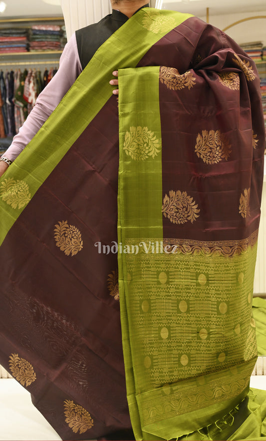 Coffee Mehendi Green Zari woven Pure Kanjivaram Silk Saree
