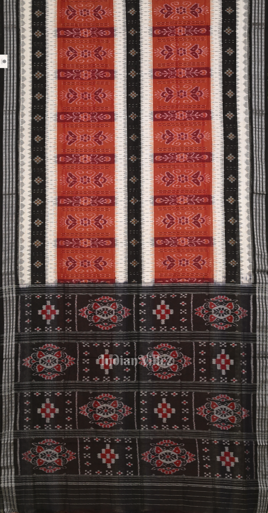 Brick Red Black Pasapali Odisha Ikat Sambalpuri Cotton Saree