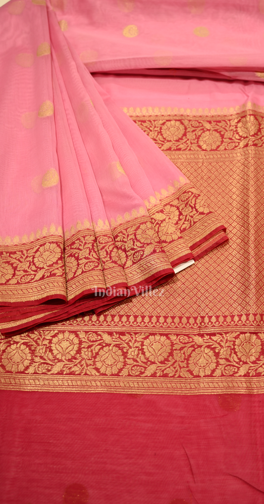 Pink Red Polka Butta Brocade Pure Kanjivaram Silk Saree