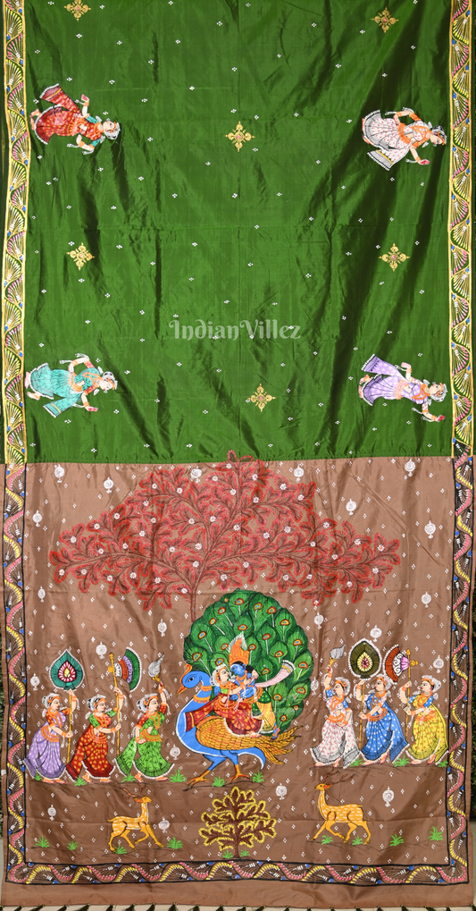 Green Beige Peacock (Mayur) & Nartaki Theme Hand-Painted Pattachitra Saree
