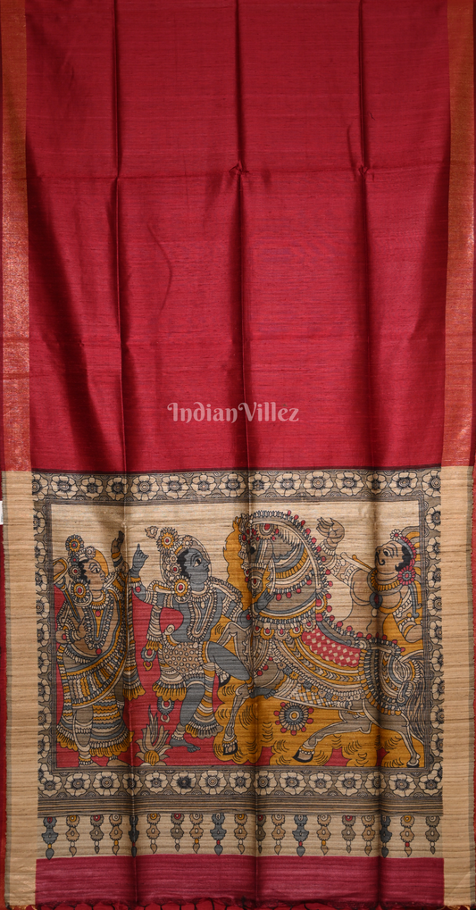 Maroon Beige Tussar Silk Saree