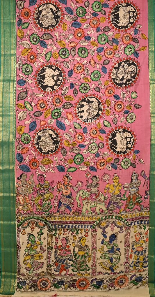 Pink Green Hand-Painted Natural Dye Cotton Kalamkari Saree