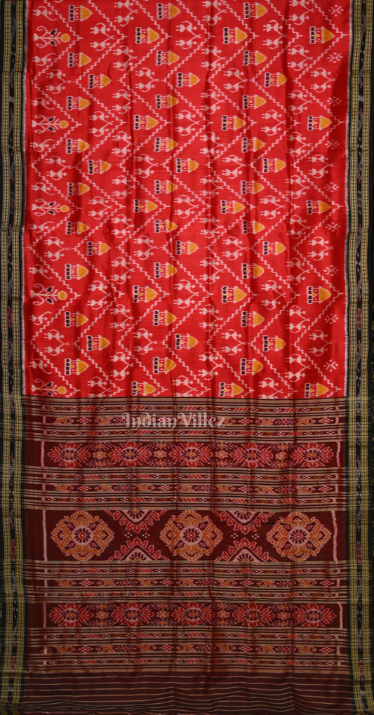 Red Coffee Tribal Theme Odisha Ikat Khandua Silk Saree