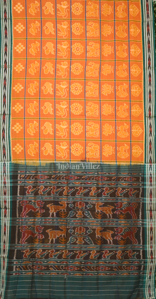 Orange Green Nabakothi Odisha Ikat Sambalpuri Cotton Saree with Jungle Anchal