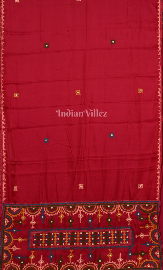Red Thread Work Hand Embroidery Kutch Work Silk Saree