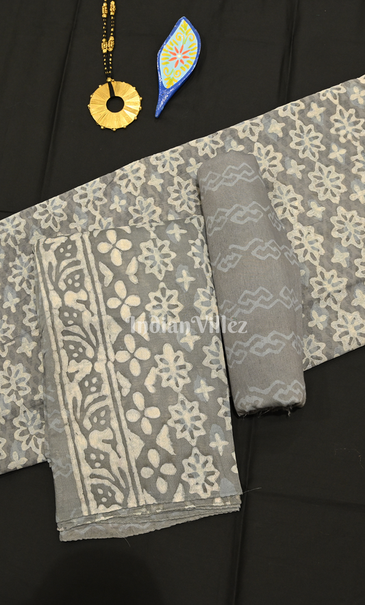 Grey White Floral Dabu Block Printed Chanderi Silk Suit Sets
