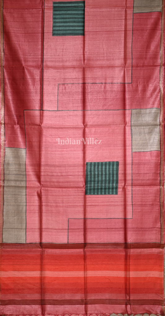 Peach Pink Maroon Tussar Silk Saree