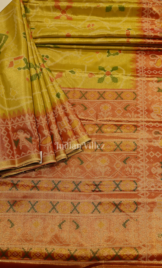 Golden yellow Orange Dual Tone Digital Print Kanjivaram Silk Saree
