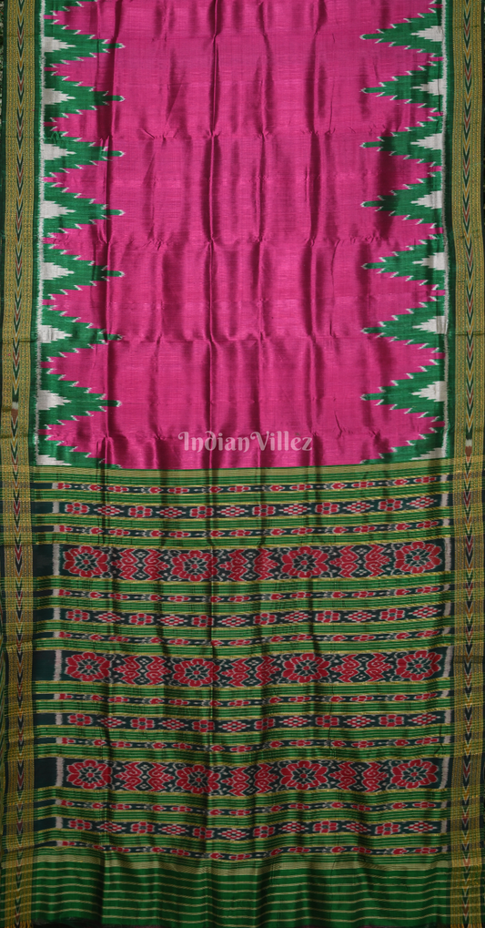 Magenta Pink Green Big Kumbha Odisha Ikat Khandua Silk Sare