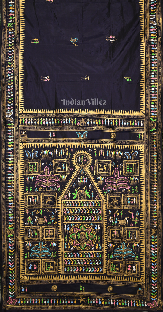 Navy Blue Saura Tribal Art Hand-Painted Pattachitra Saree(Pre Order)