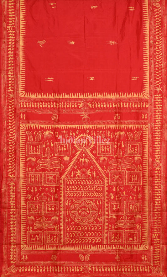 Red Saura Tribal Art Hand-Painted Pattachitra Silk Saree