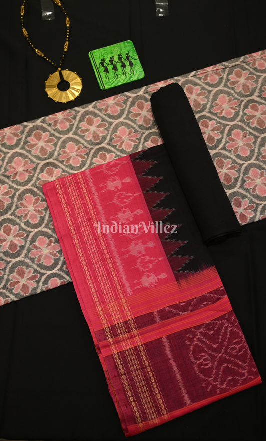 Grey Pink Floral Odisha Ikat Sambalpuri Dress Set & Dupatta