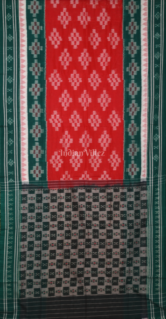 Red Green Pasapali Scot Odisha Ikat Sambalpuri Cotton Saree