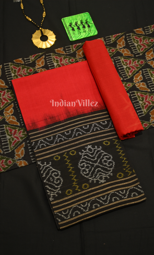 Black Red Tribal Design Odisha Ikat Sambalpuri Dress Set & Dupatta