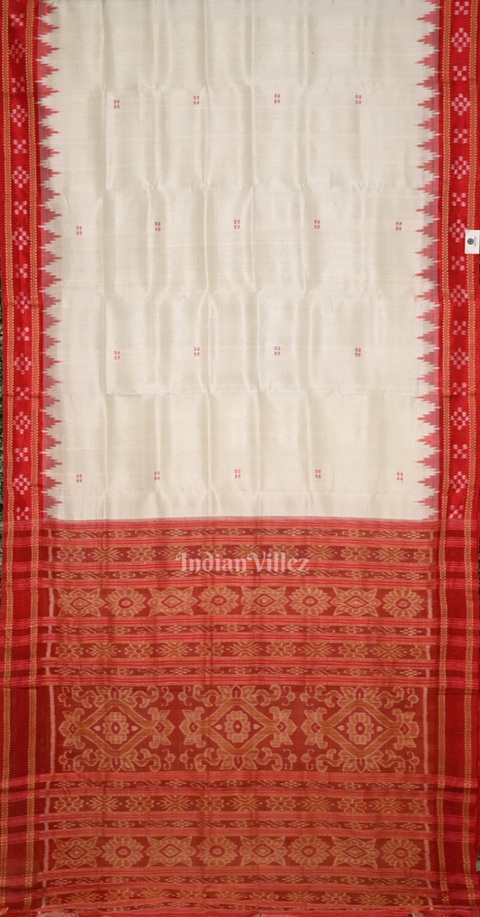 White Red Buti Design Pasapali Border Odisha Ikat Khandua Silk Saree